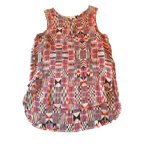 Red Haute 100% Silk Sheer Sleeveless Geometric Print Blouse M Colorful